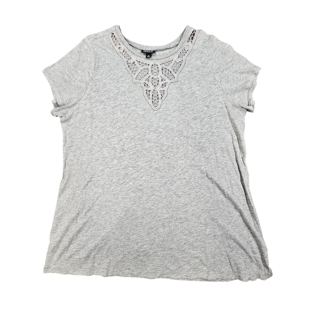 Torrid‎ Womens 0 Plus Size Grey Heather Lace Crochet Neck Short Sleeve T-Shirt